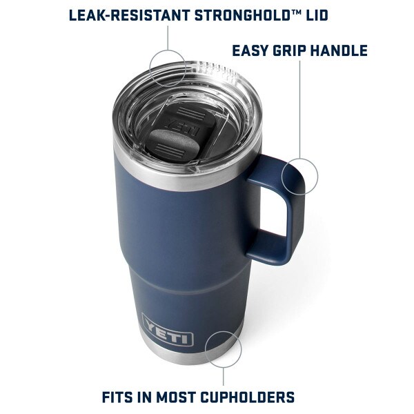 Yeti 20oz navy travel mug with leak-resistant Stronghold Lid and easy grip handle